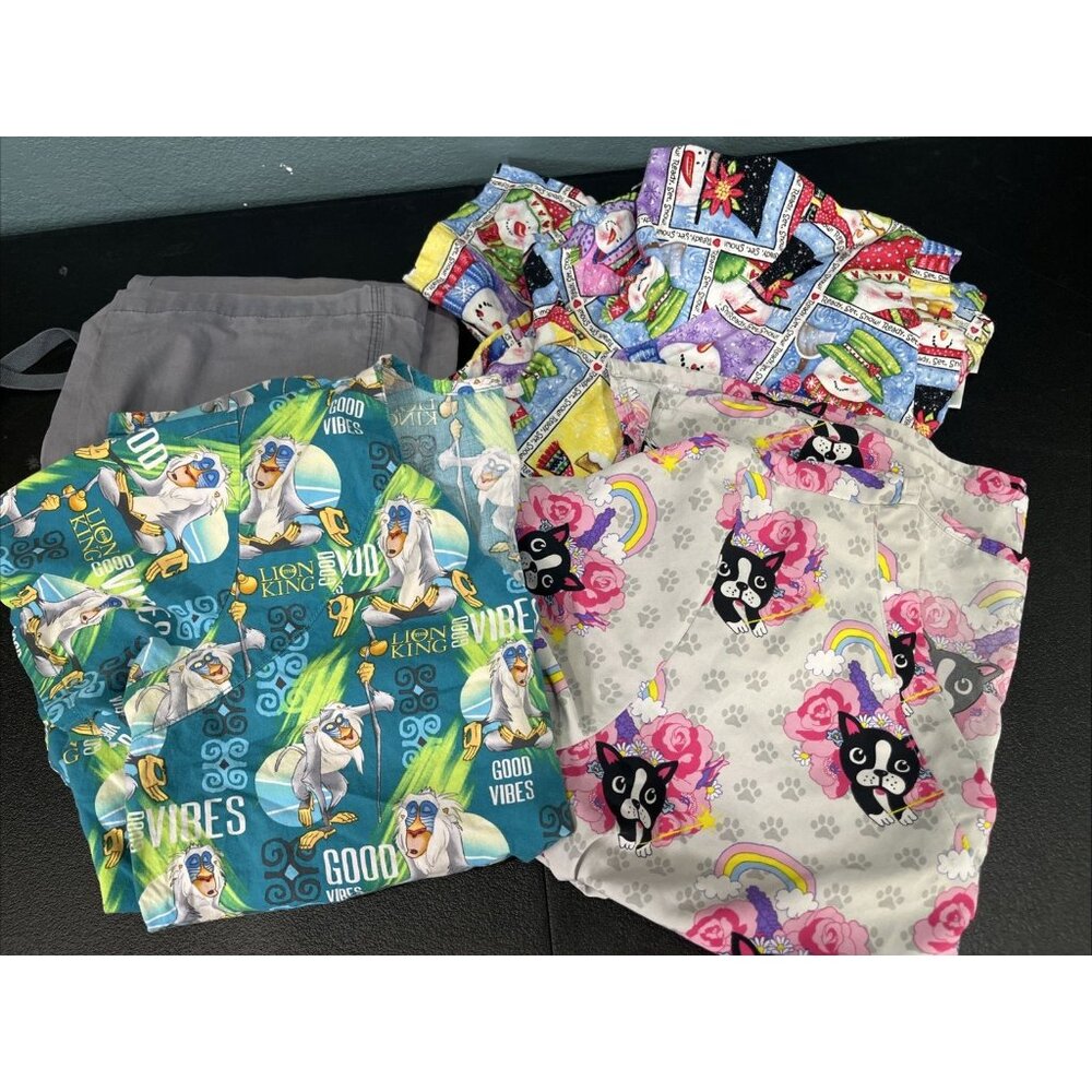 Disney Cherokee Carhartt Women Scrubs Lot L Lion King Snowman Dog Gray Pants